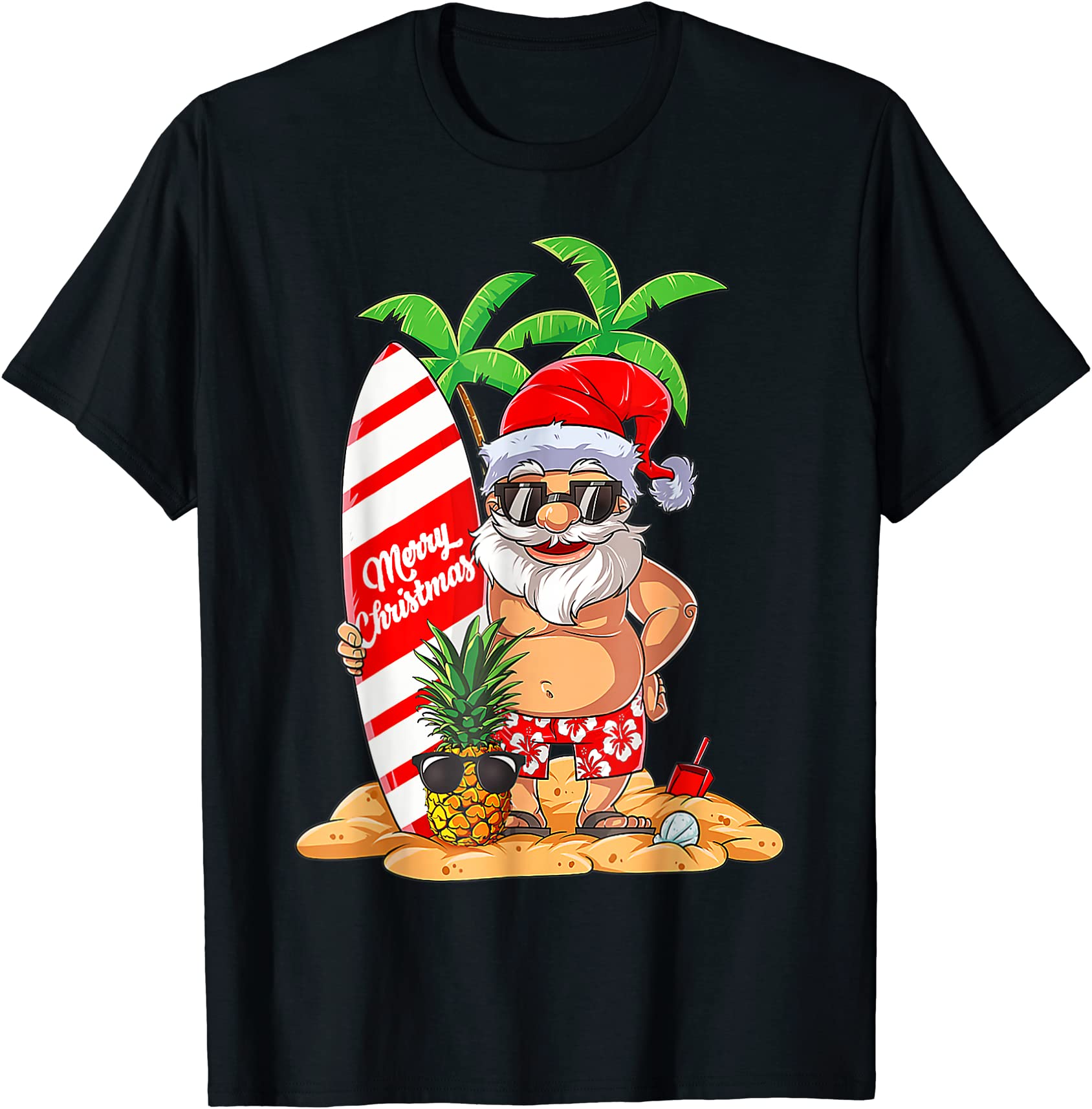 christmas in july santa hawaiian summer surf surfing surfer t shirt men ...