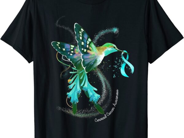 hummingbird holding teal ribbon cervical cancer awareness t shirt men ...