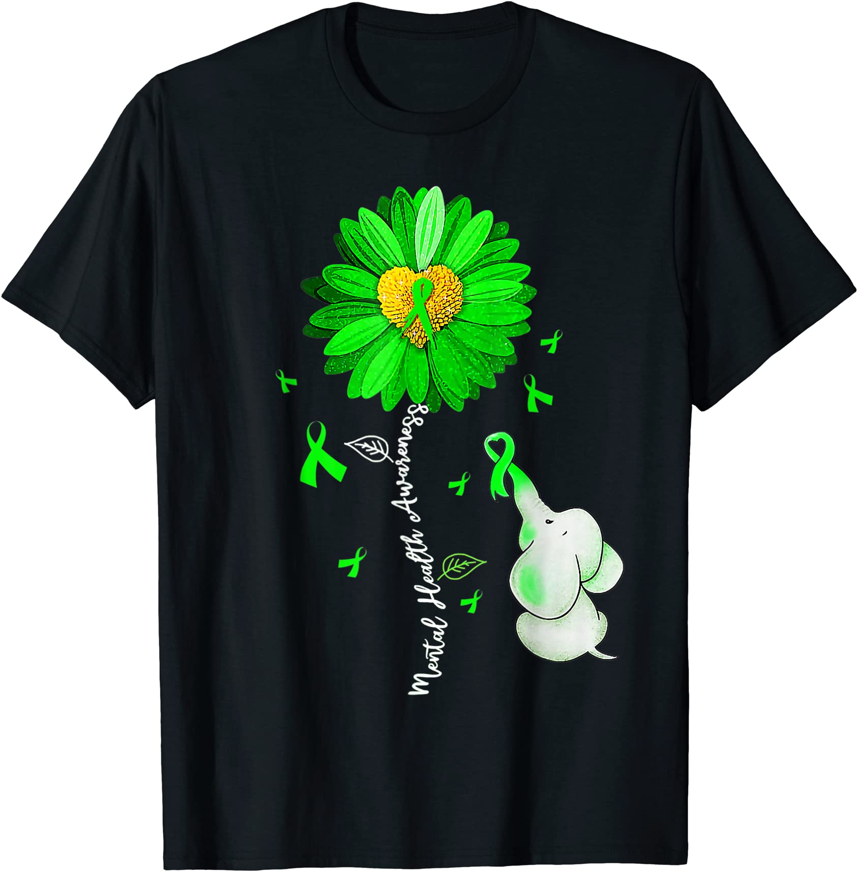 Mental Health Awareness Sunflower Green Ribbon Elephant T Shirt Men