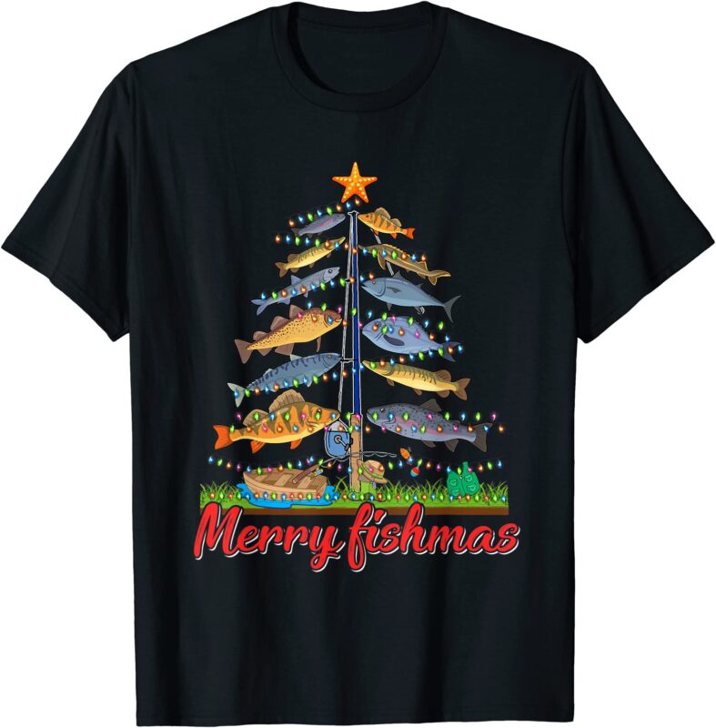 merry fishmas funny fisher christmas tree fishing pajama t shirt men ...