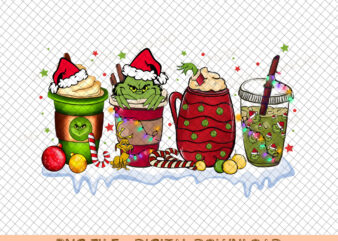 Grinchtmas coffee PNG, peppermint iced latte green red sweets snow cozy winter women Sublimation design hand drawn Printable file Tshirt