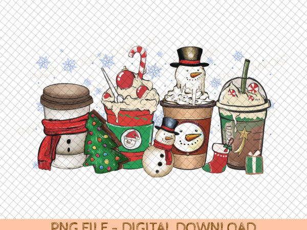 Christmas coffee png, peppermint iced latte snowmen sweets snow warm cozy winter women sublimation design hand drawn printable file tshirt