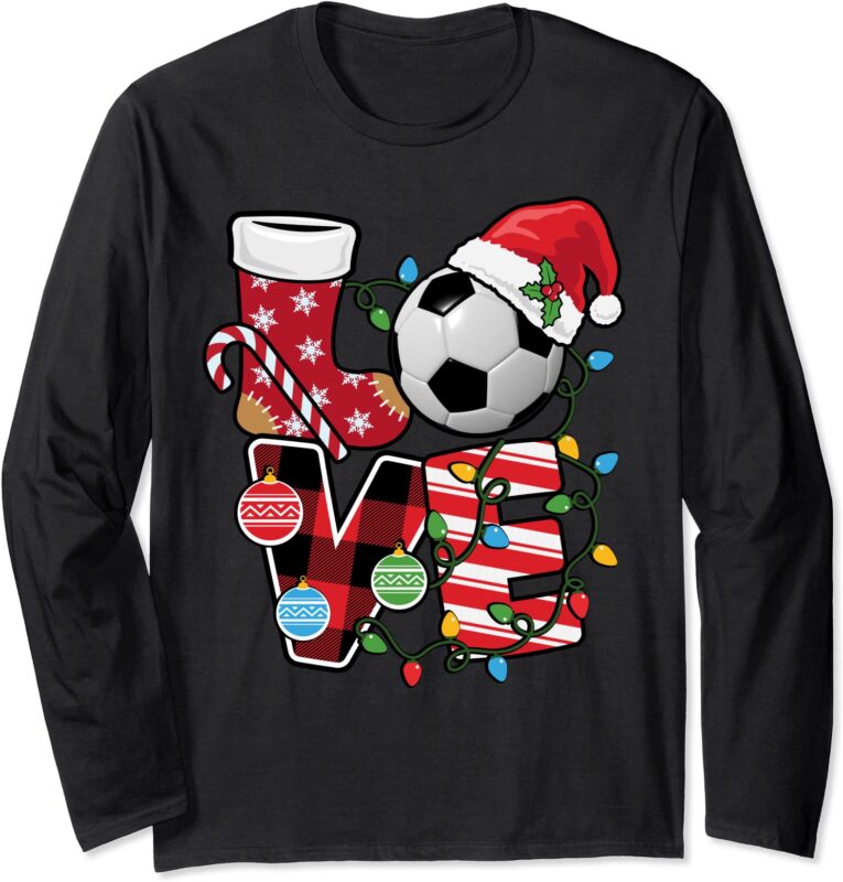 soccer christmas pajamas fun red plaid santa hat sport lover long sleeve t shirt unisex