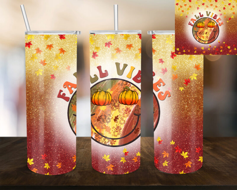 Fall Vibes Smile Face 20oz Tumbler Design, Fall, Autumn Leaf, Pumpkin Tumbler, Smiley Tumbler, Halloween, Orange Color Tumbler Design T634