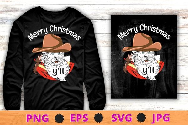 Santa Claus Merry Christmas Y’all Western Country Cowboy T-Shirt design svg, Retro Merry Xmas png, Santa Hat, Cowboy Western Christmas T-Shirt