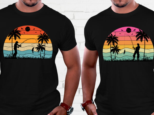 Fishing retro vintage sunset graphic background for t-shirt design