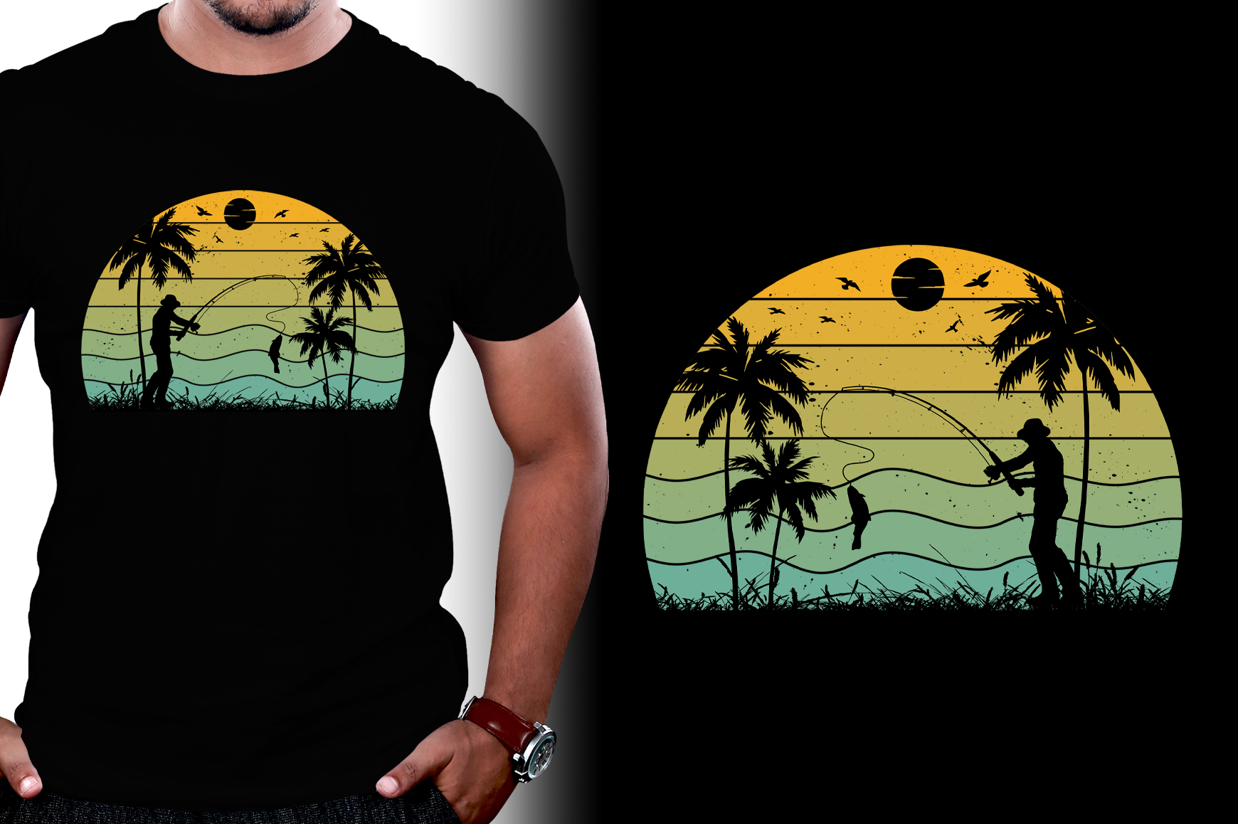 Fishing Sunset Colorful T-Shirt Design,Fishing,Fishing Silhouette