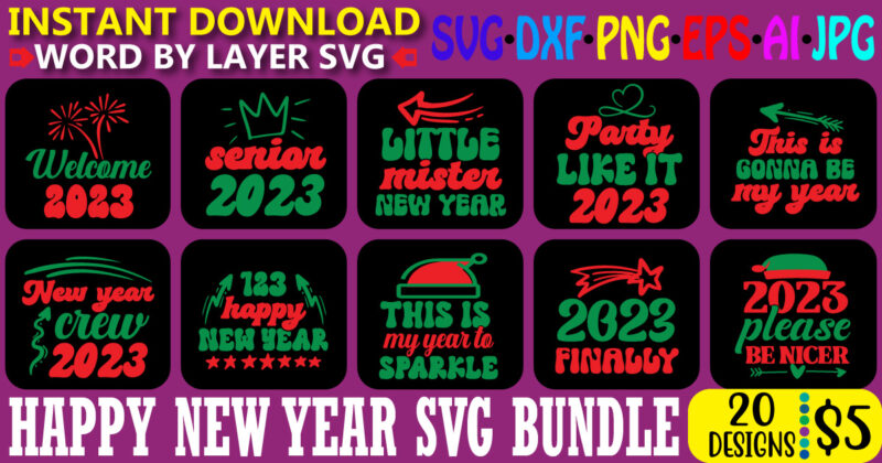 Happy New Year SVG bundle, Happy New Year design, Cut File, Sublimation, Printable png, Happy New Year SVG, New Year's SVG, Christmas SVG, Digital Download, Cut File, Sublimation, Clip Art,