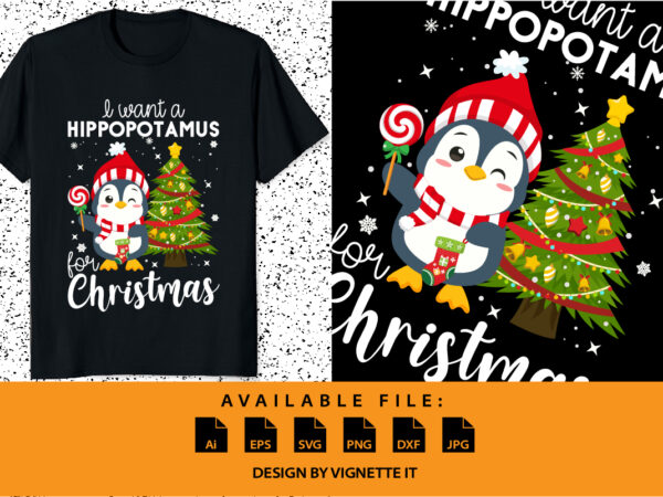 I want a hippopotamus for christmas funny xmas shirt print template hippo candy santa clause and xmas tree vector illustration art christmas element