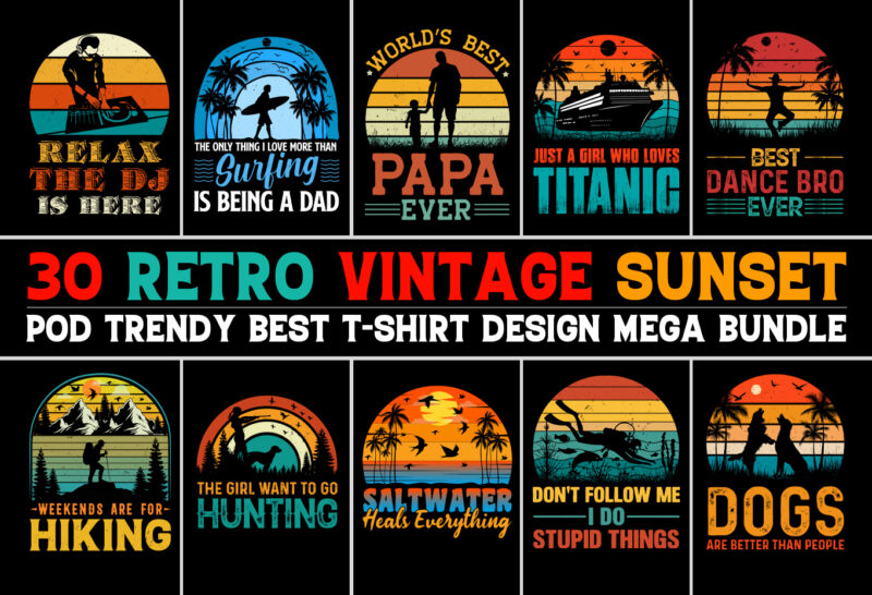 Retro Vintage Sunset T-Shirt Design Bundle