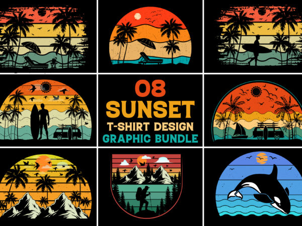 Sunset retro vintage t-shirt design graphic bundle