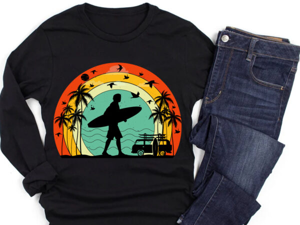 Surfing retro vintage sunset t-shirt design