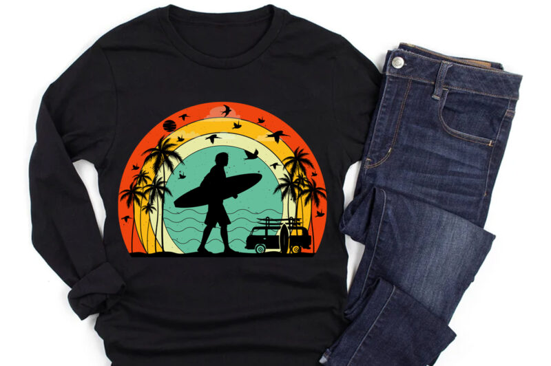 Surfing Retro Vintage Sunset T-Shirt Design