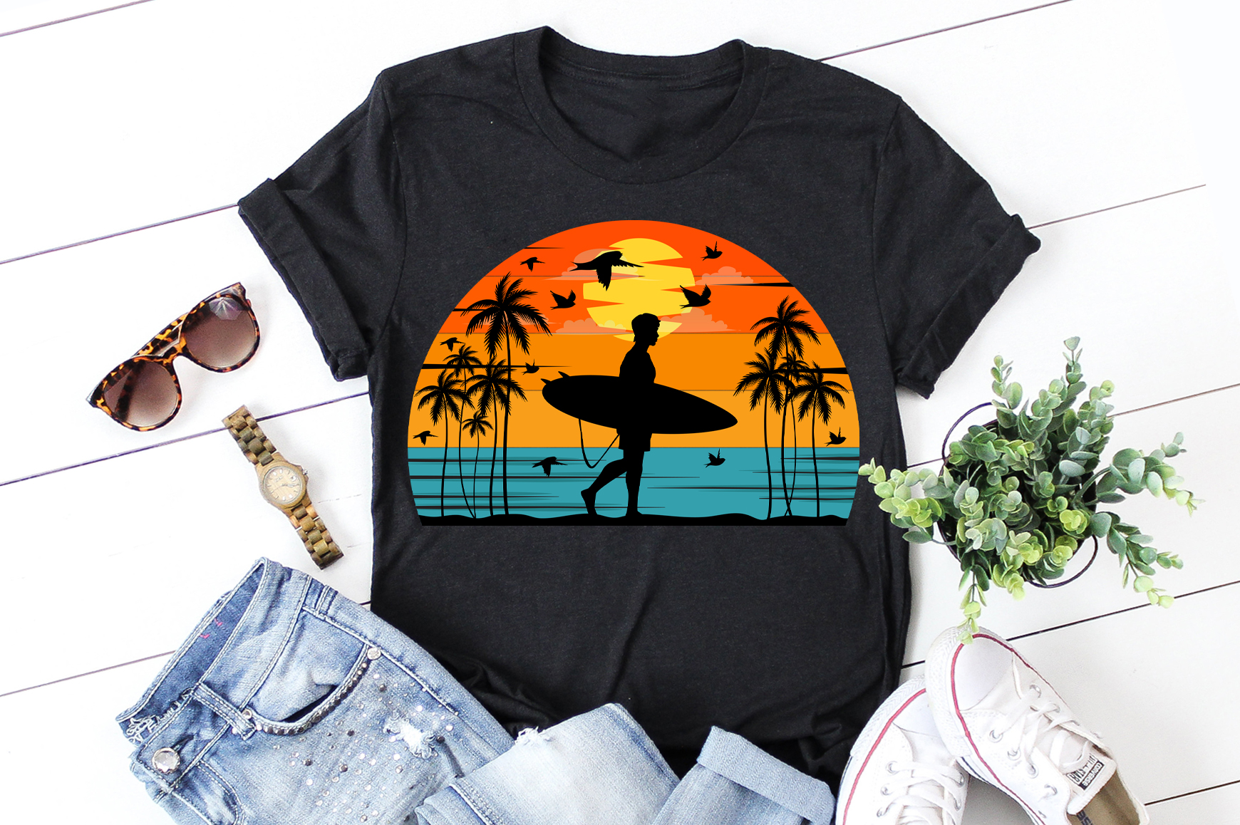 Surfing Vintage Sunset T-Shirt Graphic - Buy t-shirt designs