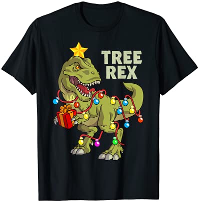 Christmas dinosaur kids boys men christmas lights tree rex t shirt men