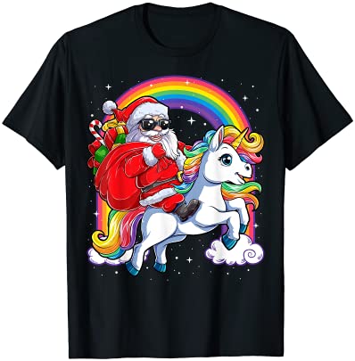 Christmas santa riding unicorn xmas girls women rainbow t shirt men