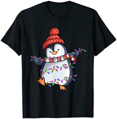 penguin santa lights christmas pajamas cute penguins xmas t shirt ...