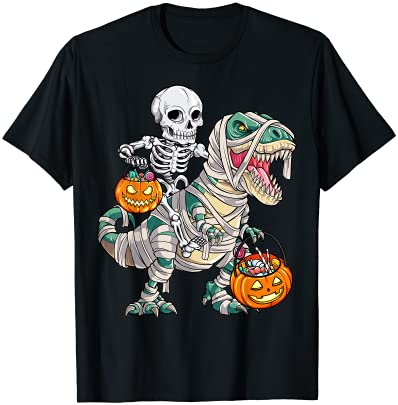 Skeleton riding mummy dinosaur t rex halloween funny pumpkin t shirt men