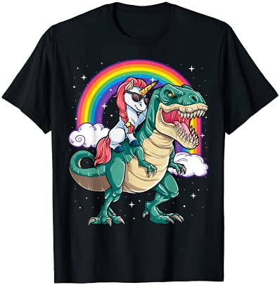Unicorn riding t rex dinosaur boys girls men women rainbow t shirt men