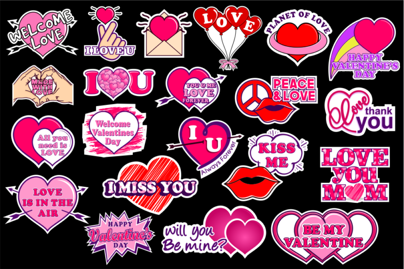 Valentine Sticker Set. Love stickers pack with animals By
