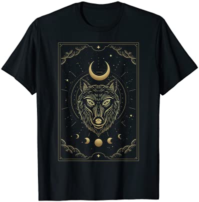 wolf head crescent moon luxurious celestial engraving style t shirt men ...