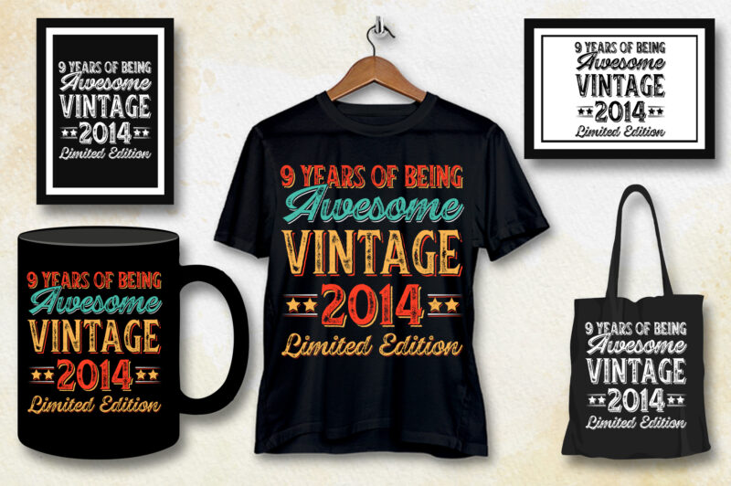 9 Years of Being Awesome Vintage 2014 Limited Edition Birthday T-Shirt Design