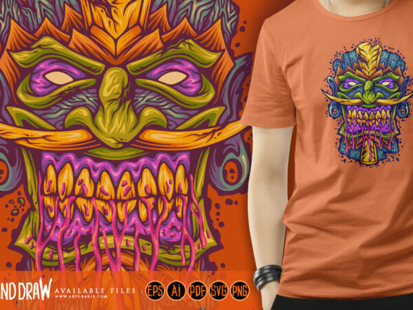 Angry hawaiian tiki bar mask monster illustrations t shirt vector