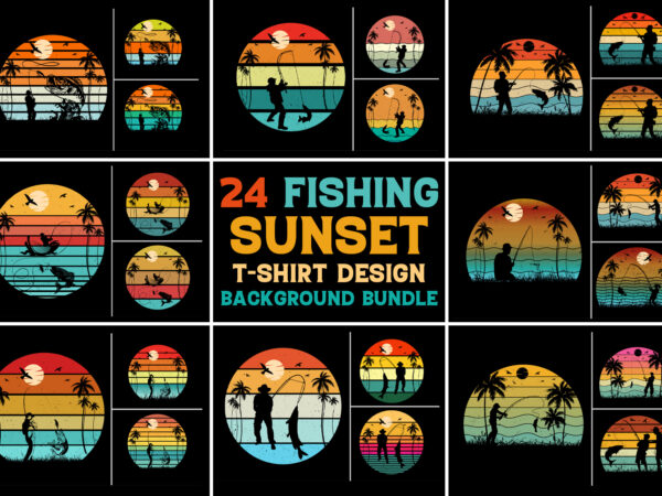 Fishing sunset retro vintage background bundle t shirt graphic design