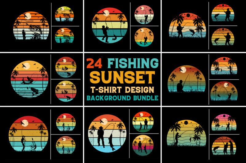 Fishing Sunset Retro Vintage Background Bundle