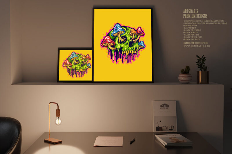 Magic mushrooms skull colorful illustrations