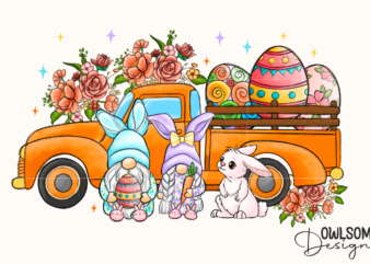 Easter Day Truck Bunny Gnomes vector clipart