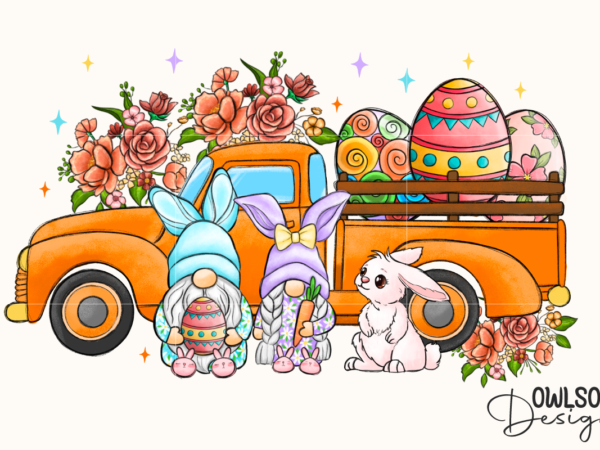 Easter day truck bunny gnomes vector clipart