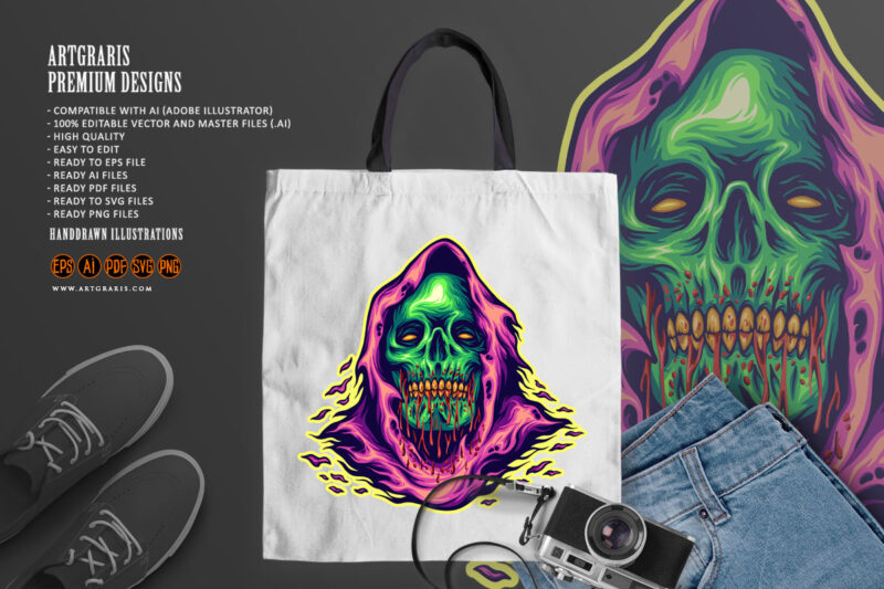 Monster skull head grim reaper cartoon logo illustrations