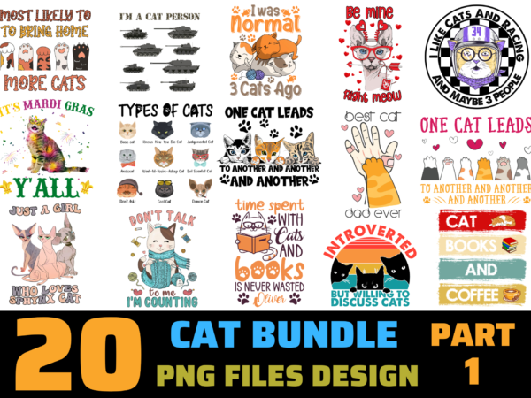 20 cat png t-shirt designs bundle for commercial use part 1, cat t-shirt, cat png file, cat digital file, cat gift, cat download, cat design