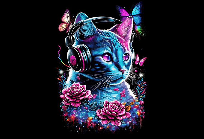 Dj cat wearing headphones Digital Art / Computer Art, Illustration