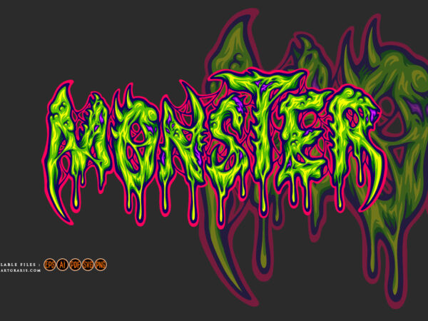 Monster zombie melting text hand lettering illustrations t shirt designs for sale