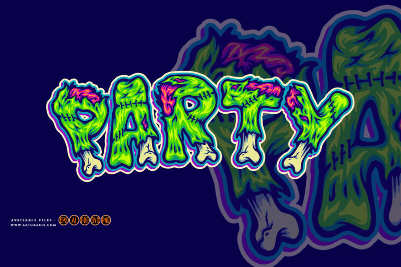 Party zombie bone font hand lettering word cartoon illustrations