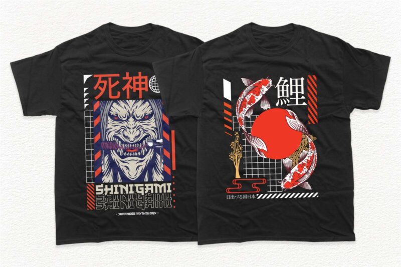 Japanese streetwear t-shirt designs bundle, Japanese style t shirt design, Vector t shirt design Japanese theme, Commercial use t shirt designs, Buytshirtdesigns.net