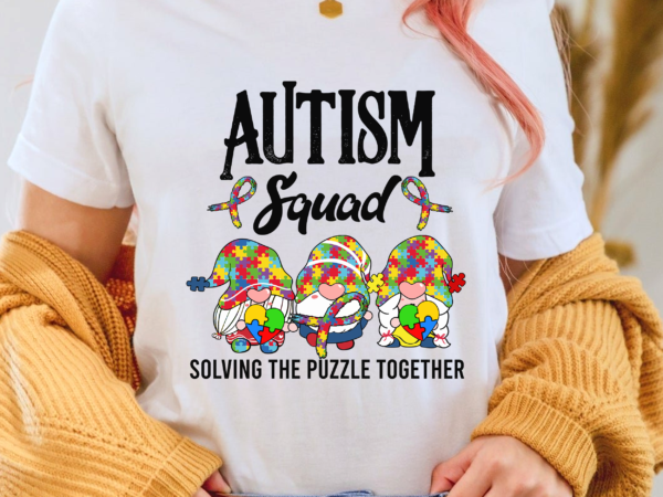 Rd autism awareness month, solving the puzzle together, gnomes holding puzzle _ ribbon, autism support gift t shirt design online