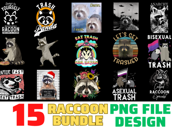 15 raccoon shirt designs bundle for commercial use, raccoon t-shirt, raccoon png file, raccoon digital file, raccoon gift, raccoon download, raccoon design