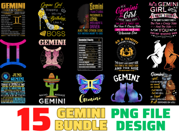 15 gemini shirt designs bundle for commercial use, gemini t-shirt, gemini png file, gemini digital file, gemini gift, gemini download, gemini design