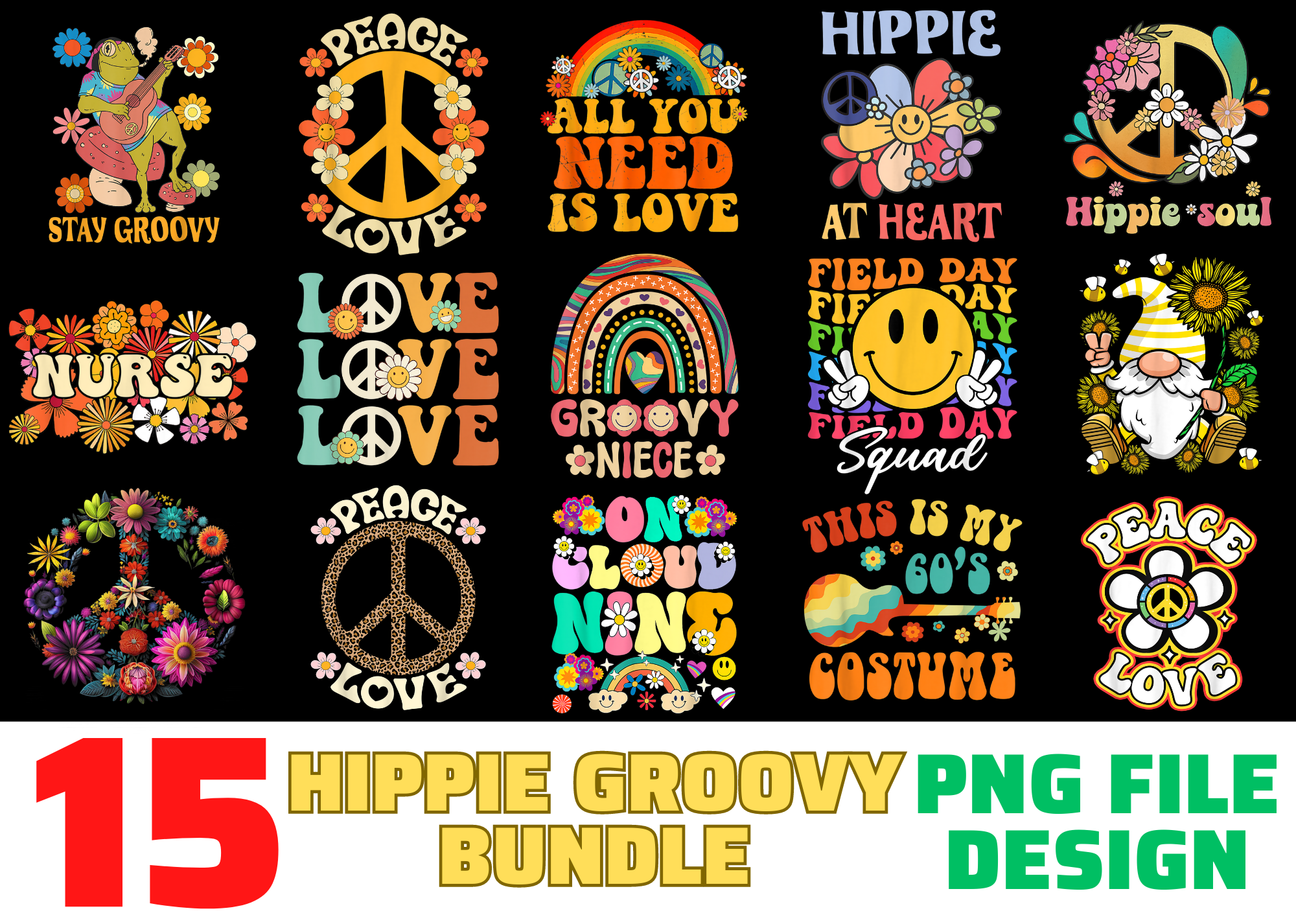 15 Hippie Groovy shirt Designs Bundle For Commercial Use, Hippie Groovy ...