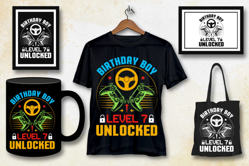 Birthday Boy Level 7 Unlocked Gamer Birthday T-Shirt Design