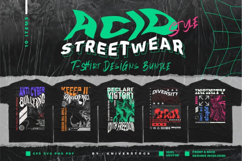 Streetwear Combo Package T-shirt Design, Streetwear Vector T-shirt Designs Bundle, Japanese, Brutalism, Anime, Acid Style. UNIVERSTOCK