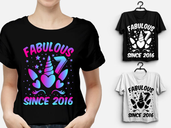 Fabulous 7 since 2016 unicorn birthday t-shirt design