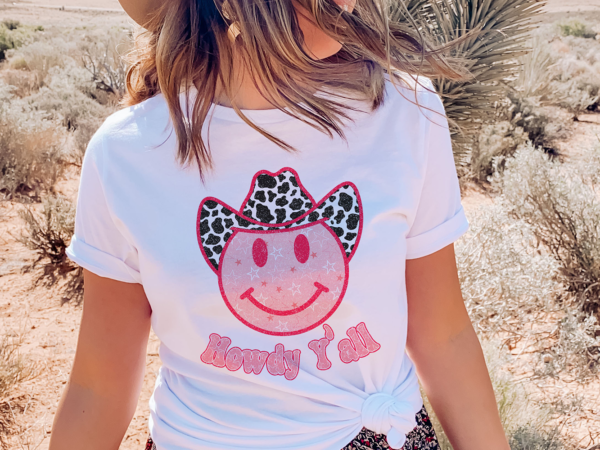 Howdy y’all pink – western smiley face png graphic t shirt