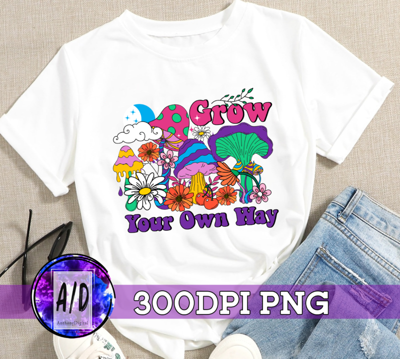 RD Grow your own way png – Mushroom sublimation – Groovy mushroom png – Hippie flower – Hippie png – Digital download – Vintage sublimation