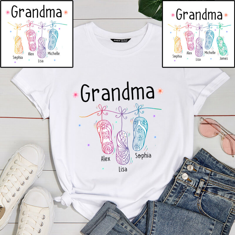 RD Personalized Grandma Shirt, Custom Mimi Shirt for Summer, Flipflop TShirt Grandma Mimi Nana Custom kid names, Custom Grandma Summer Shirt