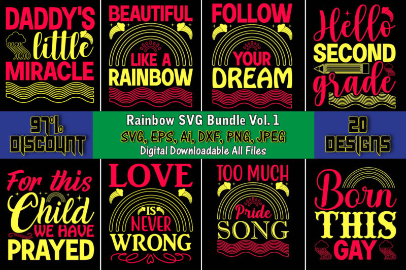 Rainbow SVG Bundle Vol. 1, Rainbow,Rainbowt-shirt,Rainbow design,Rainbow svg design,Rainbow t-shirt design,Rainbow SVG Bundle,Weather svg,Rainbow,Rainbow SVG, Boho Rainbow SVG, Baby Rainbow SVG Bundle, Pastel Rainbow Svg, Rainbow with Heart, Digital Download