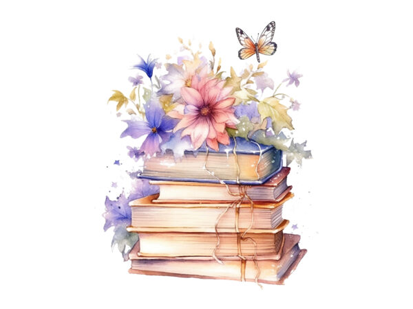 Watercolor fairy old books with floral clipart t shirt design for sale